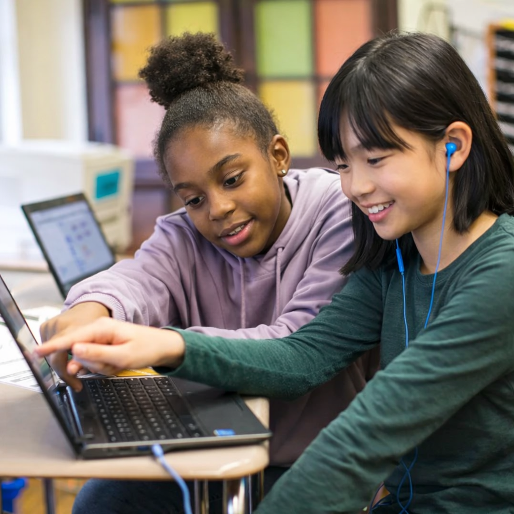 Estudantes utilizando computador aprendendo sobre IA